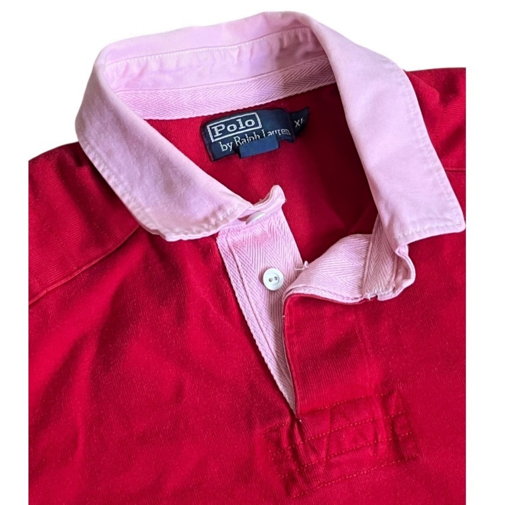 VTG RALPH LAUREN POLO Long Sleeve Rugby Shirt NAVY PONY White Collar is Pink! XL
